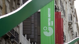Aufnahme von 2007: Die Fassade des Goethe-Instituts in Paris mit dem Logo auf einer grünen Fahne.