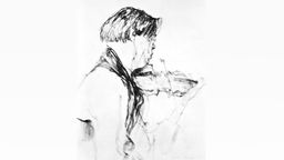 Zeichnung von Adolf Busch mit Violine in schwarz-weiß