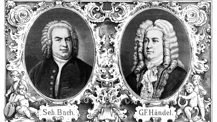 Porträts der beiden Komponisten Johann Sebastian Bach und Georg Friedrich Händel nebeneinander.