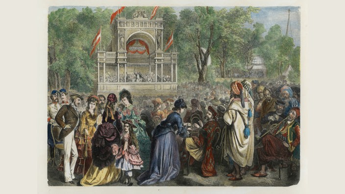 Johann Strauß gibt ein Konzert auf der Weltausstellung in Wien, 1873.- Holzstich, spätere Kolorierung