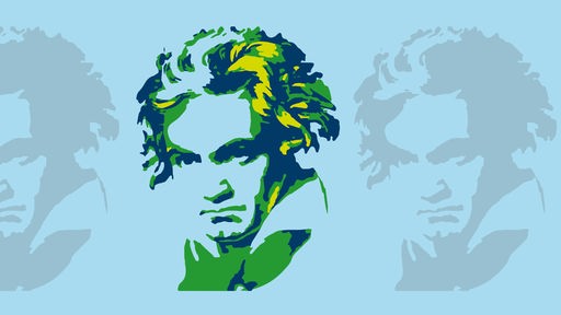 Montage: Bild des Komponisten Ludwig van Beethoven auf farbigem HIntergrund
