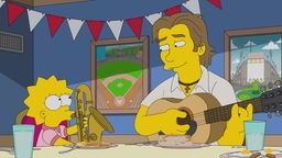Szene der Zeichentrick-Serie "Die Simpsons": Lisa mit einem Saxon zusammen mit einem Mann mit Gitarre an einem Tisch.