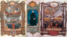 Drei Buchmalereien von Hans Mielich: Orlando die Lasso (Mitte) mit dem Chor der Bayerischen Hofkapelle (links) und  mit der Bayerischen Hofkapelle (recht)