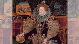 Elisabeth I. in Prunkgewand auf Stuhl sitzend - Das sogenannte "Armada-Porträt" Elisabeths I. (1533-1603), Gemälde,1588 von Marcus Geeraerts d.J.(1561-1635),Woburn Abbey, Bedford