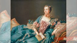 Jeanne-Antoinette Poisson, genannt Madame de Pompadour, auf Sofa liegend, Buch in Hand