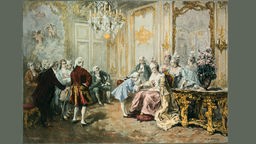 In einem historischen Prunksaal küsst der kleine Mozart die Hand von Madame Pompadour.