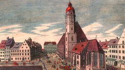 Leipzig Thomaskirche - Ansicht mit der Thomasschule. - Kupferstich von Johann Georg Schreiber, 1735, koloriert.
