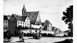 Thomaskirche  und Schule Leipzig Stadtmauer mit Thomaspförtchen