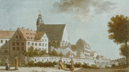 Leipzig, Thomaspforte (Thomas Pforte II) - Dahinter die Thomaskirche (Kolorierte Radierung, 1784 von Schwartze