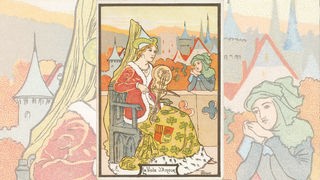 Viola d'amour (Szene des 15.Jahrhunderts). Farblithographie, um 1900, von Henri Thiriat. Sammelbildchen der Firma 'Chocolat J. de Peretti', Châteauroux. Aus einer Serie: Instruments de Musique.