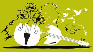 Illustration zur WDR 3 Studio Neue Musik: Ein zerbrochenes Cello, aus dessen Mitte Blumen und Vögel entspringen.