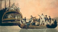 Zeitgenössisches Gemälde: Kapitän und Offiziere der "Bounty" werden von Meuterern in einem Boot ausgesetzt, 1789