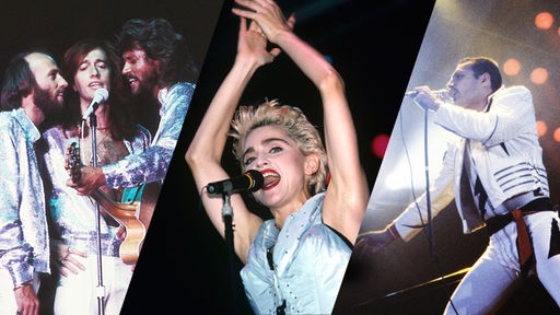 Collage: Die Bee Gees 1979, Madonna 1987, Freddie Mercury 1984