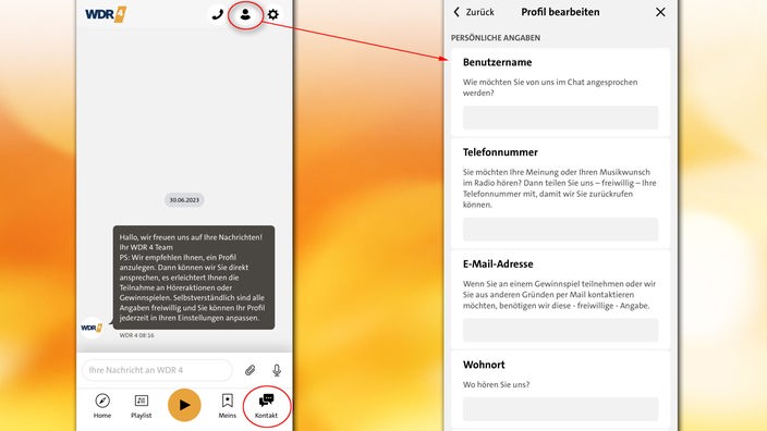 App-Screenshots: Kontakt & Profil