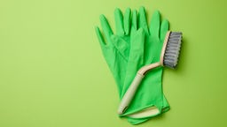 Grüne Plastikhandschuhe und eine Putzbürste auf grünem Hintergrund