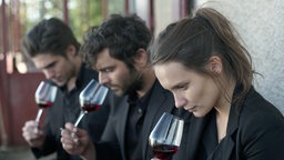 Die Geschwister Jérémie (François Civil), Jean (Pio Marma) und Juliette (Ana Girardot) bei der Weinprobe - eine Szene des Films «Der Wein und der Wind».