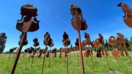 An Stäben befestigte Metallgeigen, -bratschen, -bässe und -xylophone stehen in einem Feld am Nieheimer Kunstpfad