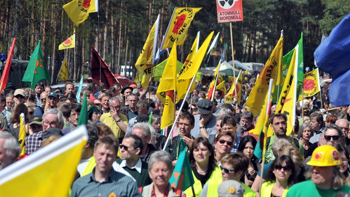 Viele Menschen tragen gelebe Fahnen demonstrieren in Gorleben gegen Atommüll