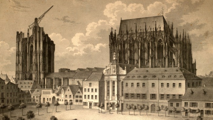 Der Dom und seine Umgebung vor Beginn seines Herstellungsbaus, Stahlstich aus 1857 von C. Mayer nach einer Zeichnung von Ernst Zwirner (1802-1861); Rechte: akg