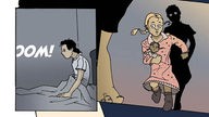 Auszug aus dem Comic: Kleines Mädchen wird von Lärm des Krieges geweckt und läuft mit seiner Puppe weg, ihr Schatten schaut ihr nach