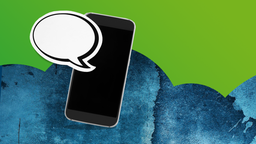 Ein Smartphone und eine Sprechblase vor einem blau-grünen Hintergrund
