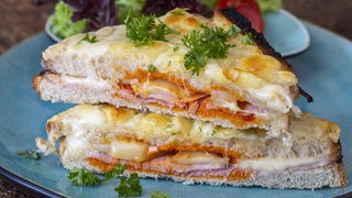 Sandwich mit gekochtem Schinken und Käse, in zwei Hälften auf einem Teller serviert.