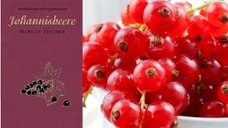 Collage: Frische Johannisbeeren neben dem Cover des Kochbuchs "Johannisbeere" vom Mandelbaum-Verlag