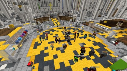 Die digitale Darstellung eines Kircheninnenraums im Computerspiel Minecraft. Teilnehmer fieren hier in Form ihres Avatars einen digitalen Gottesdienst.