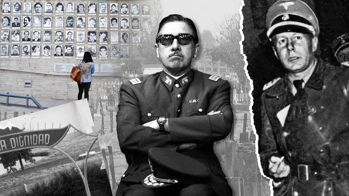 Schwarz-Weiß Bild-Collage: Porträts verschwundener Menschen / Schild der "Colonia Dignidad" / General Pinchot mit verschränkten Armen / Walther Rauff in Uniform.