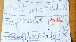 Das Beitragsbild des Dok5 "Arschlochmama - Wenn Eltern und Kinder streiten" zeigt einen Zettel mit von einem Kind geschriebenen Schimpfwörtern