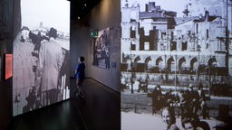 Das Beitragsbild des Dok5 "Verletzungen der Geschichte" zeigt einen Besucher vor einer Installation im Museum der Geschichte der Polnischen Juden in Warschau.