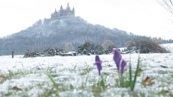 Auf einem Hügel Schloss Hohenzollern. Im Tal liegt Schnee.