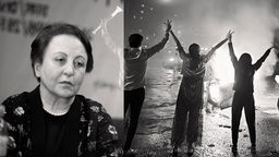Das Beitragsbild des Dok5 "Niemals aufgeben.“ zeigt eine Collage von Friedensnobelpreisträgerin Shirin Ebadi und Protesten im iran 2022