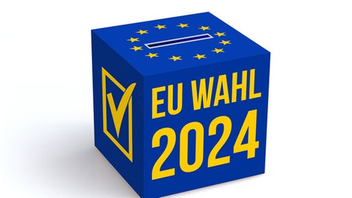 Blauer Würfel mit den 12 fünfzackigen, gelben Sternen der EU-Flagge und dem angedeuteten Einwurfschlitz einer Wahlurne auf der Oberseite.