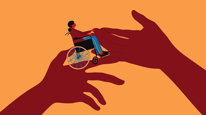 Illustration: Eine Frau im Rollstuhl wird in großen Händen gehalten.