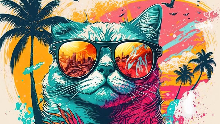 Illustration: Eine Katze mit Sonnenbrille auf einem bunten Hintergrund mit Palmen.