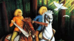 Zeichnung: Zwei Männerfiguren auf Pferden.