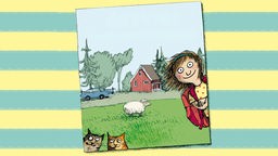 Gezeichntetes Buchcover von "Hedvig! Das erste Schuljahr": Hedvig steht auf einer Wiese vor einem roten Haus, neben ihr ein Schaf und zwei Katzen. 