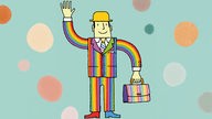Illustration: Der zauberhafte Nachbar Herr Röslein trägt einen Regenbogenanzug und winkt.