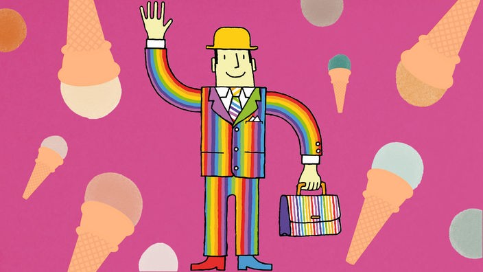 Illustration: Der zauberhafte Nachbar Herr Röslein trägt einen Regenbogenanzug und winkt, um ihm herum sind Eiswaffeln zu sehen.