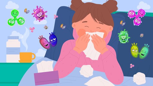 Zeichnung: Ein Mädchen liegt im Bett und putzt sich die Nase, um sie herum fliegen lachende Bakterien.