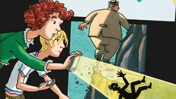 Illustration des Hörspiels "Pandora und der phänomenale Mr. Philby": Ein rothaariges Mädchen und ein blonder Junge schauen einem geheimnisvollen Mann in einem braunen Anzug hinterher.