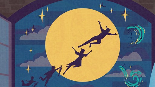 Zeichnung: Peter Pan fliegt mit Kindern vor einem goldenen Mond.