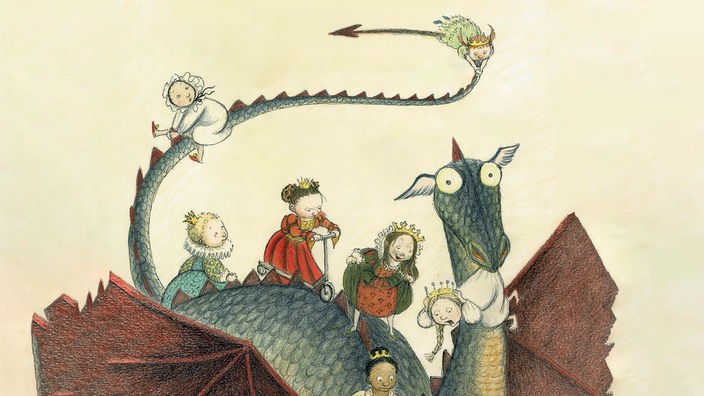 Zeichnung zum Hörspiel "Sieben Prinzessinnen und jede Menge Drachen": Sieben Prinzessinnen turnen auf einem Drachen herum.