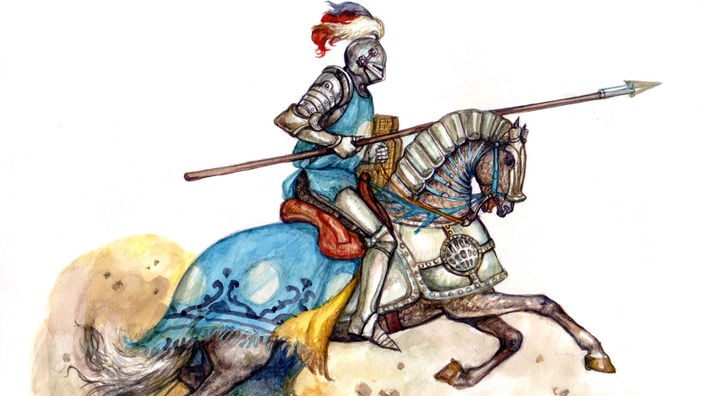 Zeichnung: Ein  Ritter auf seinem Pferd.