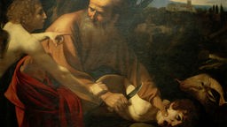 Die Opferung Isaaks, Gemälde von Caravaggio (um 1601/1602). Der Engel hindert Abraham daran, Isaak zu opfern.  