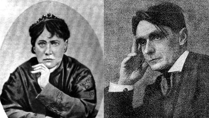 Montage: (links) Helena Petrowna Blavatsky, Rudolf Steiner; (rechts) auf jeweils zeitgenössischen schwarz-weiss Abbildungen.