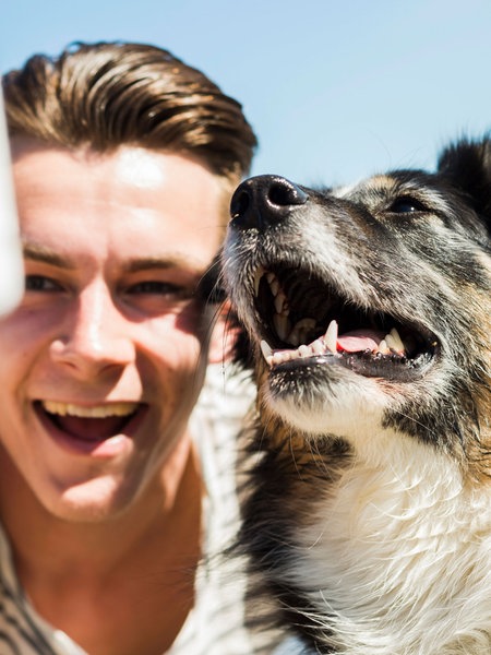 Hund und Mann machen Selfie.