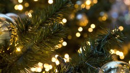 Nahaufnahme eines geschmückten Weihnachtsbaums mit LED-Lichterkette 