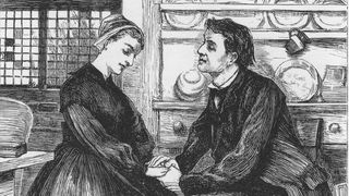 Schwarz-weiß-Illustration zeigt einen jungen Mann und eine junge Frau in einer Bauernküche des späten 18. Jahrhunderts in England